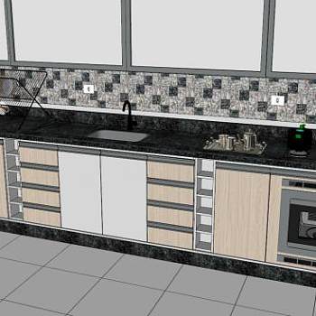 现代一字形橱柜厨房SU模型下载_sketchup草图大师SKP模型