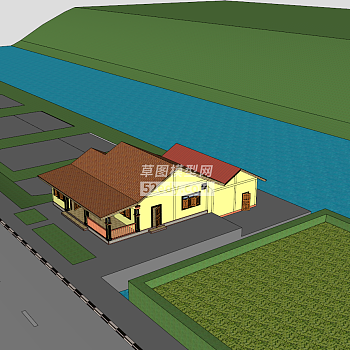 河流稻田边的房屋SU模型下载_sketchup草图大师SKP模型