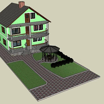 复式别墅住宅和庭院凉亭SU模型下载_sketchup草图大师SKP模型