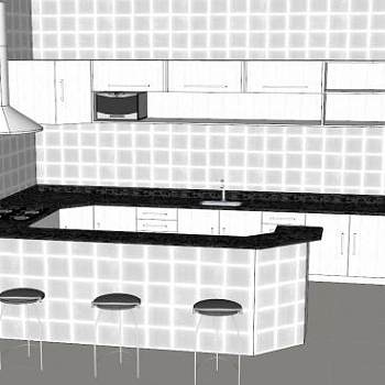 现代U型白色厨房SU模型下载_sketchup草图大师SKP模型