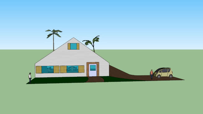 有汽车和游泳池的简单房子SU模型下载_sketchup草图大师SKP模型