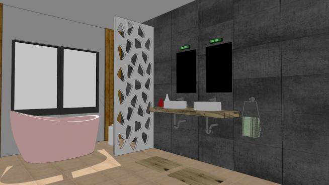 现代浴室厕所粉色浴缸SU模型下载_sketchup草图大师SKP模型