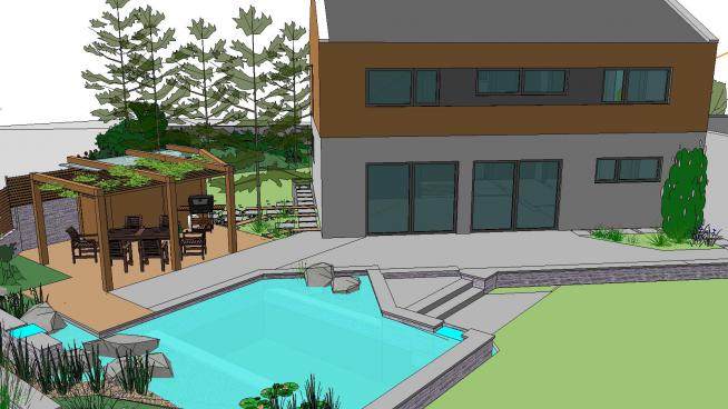 住宅后院观景植物池塘花园SU模型下载_sketchup草图大师SKP模型