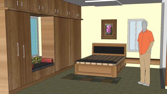 木质单人房卧室房间SU模型下载_sketchup草图大师SKP模型