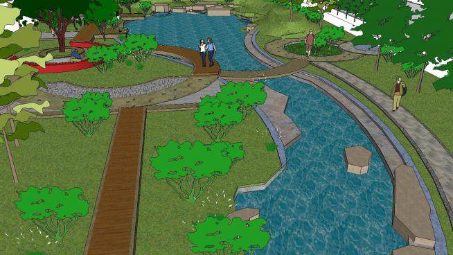 户外园林池塘水景植被SU模型下载_sketchup草图大师SKP模型
