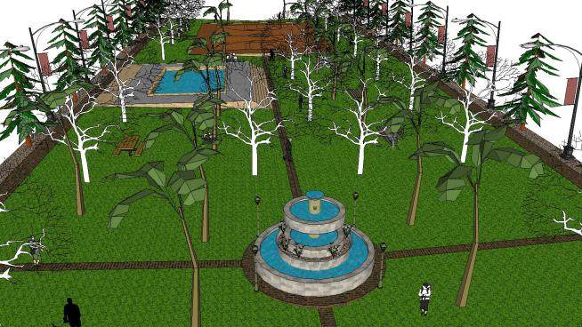 绿地公园喷泉水景户外设备SU模型下载_sketchup草图大师SKP模型