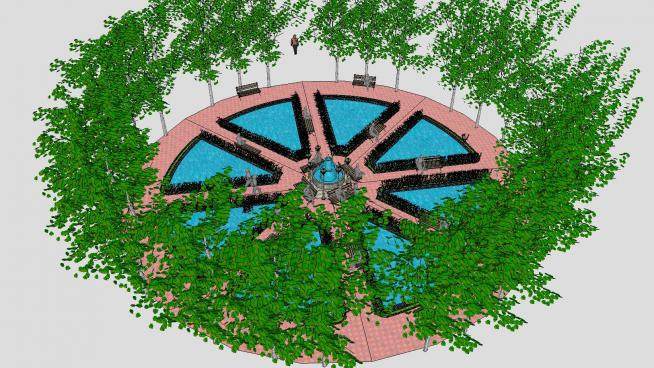 现代公园喷泉水景和乘凉座椅SU模型下载_sketchup草图大师SKP模型