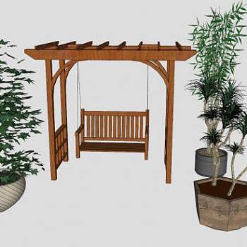 庭院木制秋千座椅植物盆栽观景SU模型下载_sketchup草图大师SKP模型