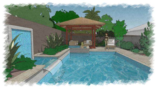 游泳池和后院景观SU模型下载_sketchup草图大师SKP模型
