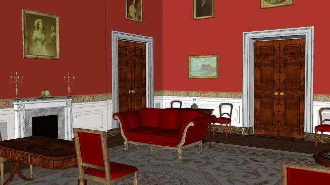 白宫内部红色客厅房间SU模型下载_sketchup草图大师SKP模型