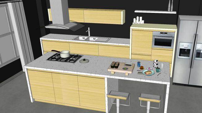 现代黄色岛型厨房家具SU模型下载_sketchup草图大师SKP模型