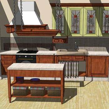 岛型家中餐厅厨房SU模型下载_sketchup草图大师SKP模型