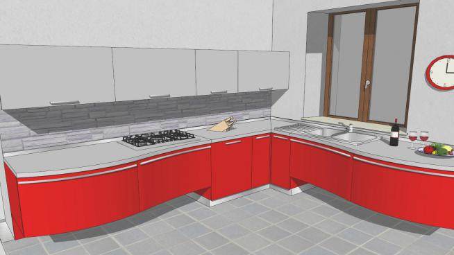 现代红色橱柜厨房SU模型下载_sketchup草图大师SKP模型