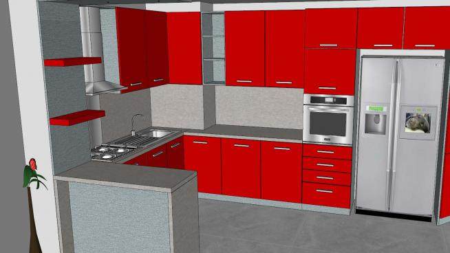 现代红色厨房橱柜SU模型下载_sketchup草图大师SKP模型