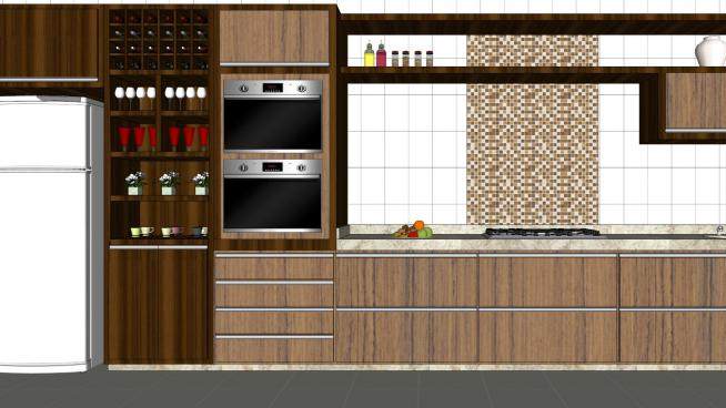 现代一字型厨房家具SU模型下载_sketchup草图大师SKP模型