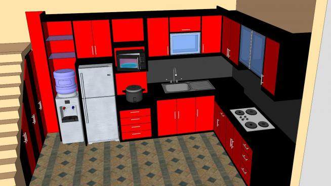 现代室内红色L型厨房SU模型下载_sketchup草图大师SKP模型