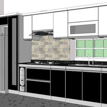 一字型厨房室内装修SU模型下载_sketchup草图大师SKP模型