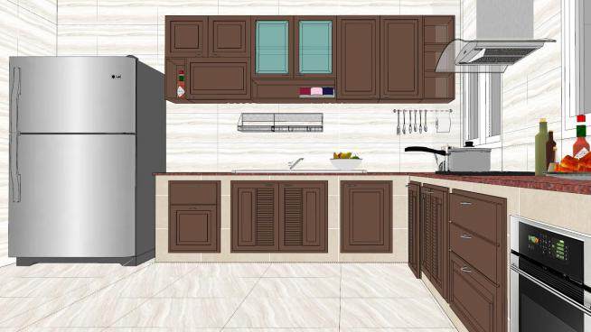 开放式L型厨房家具SU模型下载_sketchup草图大师SKP模型