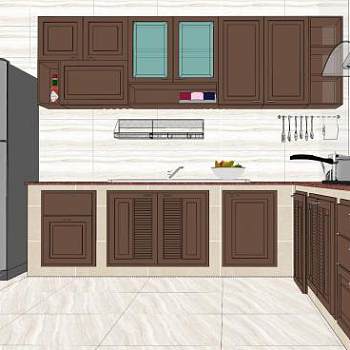 开放式L型厨房家具SU模型下载_sketchup草图大师SKP模型