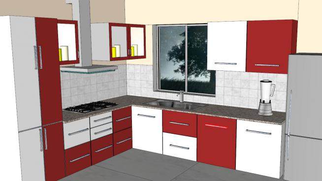 现代L型红白厨房SU模型下载_sketchup草图大师SKP模型