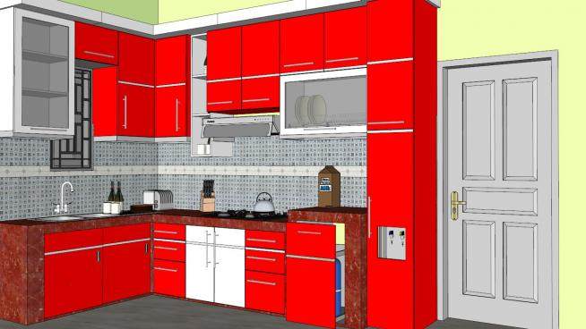现代红色橱柜厨房装修SU模型下载_sketchup草图大师SKP模型