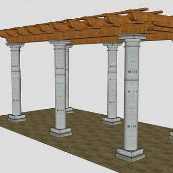 混凝土柱木棚顶廊架SU模型下载_sketchup草图大师SKP模型