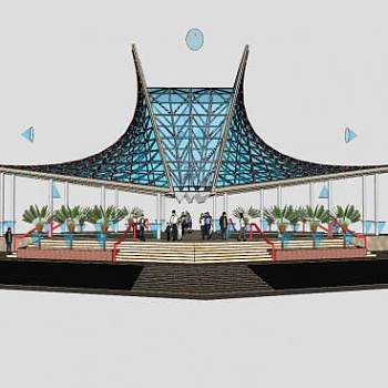 现代风格玻璃廊架场地SU模型下载_sketchup草图大师SKP模型