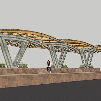 拱形框架半透明的车站雨棚SU模型下载_sketchup草图大师SKP模型