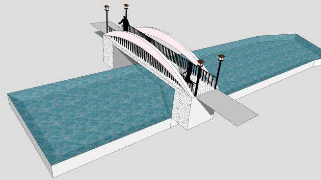 池塘上的中式路灯桥梁SU模型下载_sketchup草图大师SKP模型