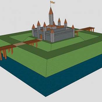 城堡围墙水景SU模型下载_sketchup草图大师SKP模型