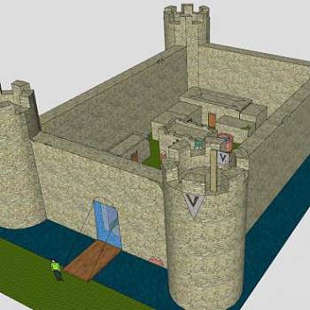 中世纪吊桥城堡和水景河道SU模型下载_sketchup草图大师SKP模型