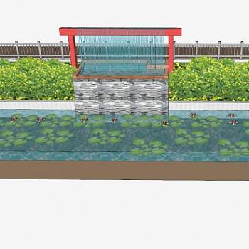 中式水景墙荷花池塘SU模型下载_sketchup草图大师SKP模型