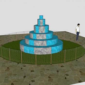 室外大型流水喷泉SU模型下载_sketchup草图大师SKP模型