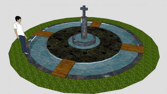 十字架庭院水景喷泉SU模型下载_sketchup草图大师SKP模型