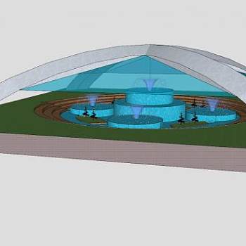 现代雨棚大喷泉水景建筑SU模型下载_sketchup草图大师SKP模型