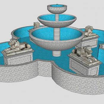 四像石狮欧式喷泉SU模型下载_sketchup草图大师SKP模型