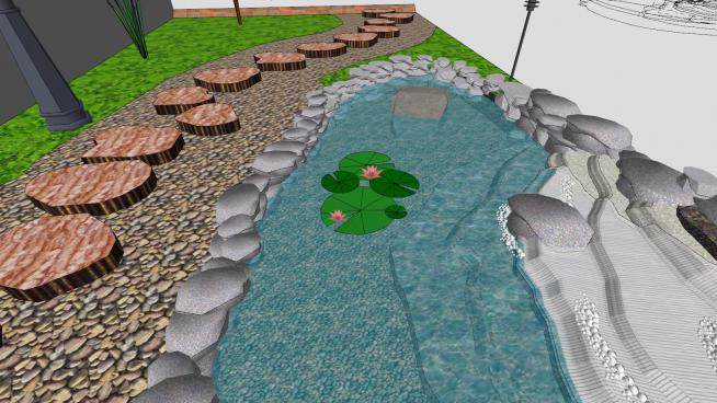 中式庭院园林风格池塘小径设计SU模型下载_sketchup草图大师SKP模型