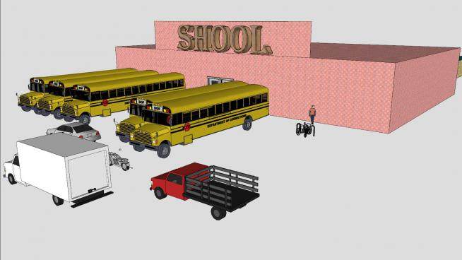 学校有游泳池和公共汽车SU模型下载_sketchup草图大师SKP模型