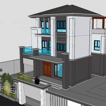 现代单排别墅建筑SU模型下载_sketchup草图大师SKP模型