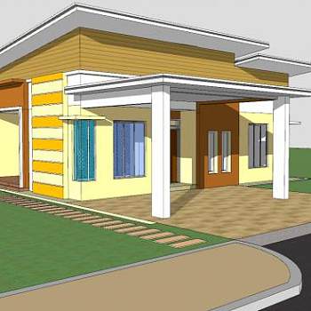 简单黄色平房建筑SU模型下载_sketchup草图大师SKP模型