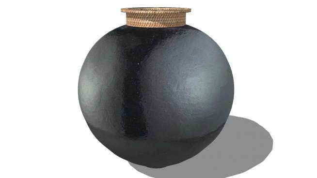 黑色陶罐圆底装饰花瓶SU模型下载_sketchup草图大师SKP模型