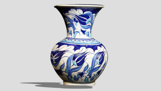 蓝色花纹彩釉陶瓷花瓶SU模型下载_sketchup草图大师SKP模型