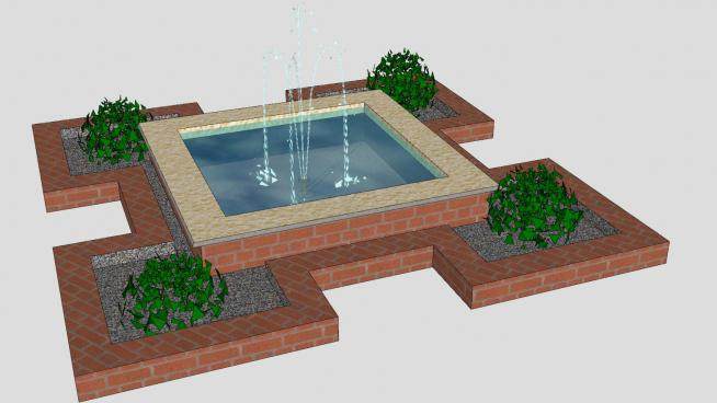 户外砖喷泉和4个花盆SU模型下载_sketchup草图大师SKP模型