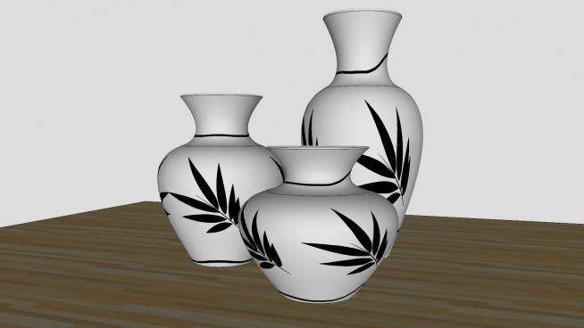 现代印花白色陶瓷花瓶三件套SU模型下载_sketchup草图大师SKP模型