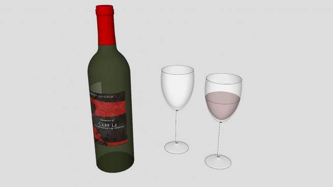 带有标签的酒瓶和玻璃杯SU模型下载_sketchup草图大师SKP模型