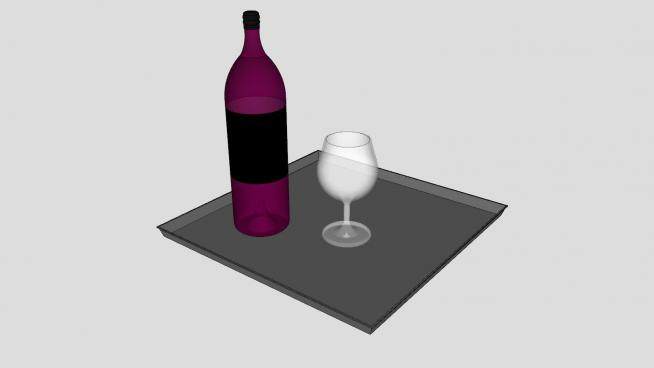 酒杯和紫色酒瓶放在托盘上SU模型下载_sketchup草图大师SKP模型