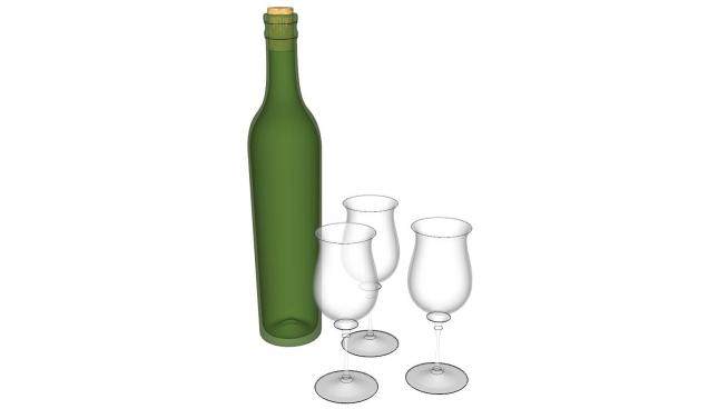 酒瓶和3个高脚杯SU模型下载_sketchup草图大师SKP模型