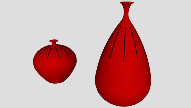 红色陶瓷花瓶两件套SU模型下载_sketchup草图大师SKP模型