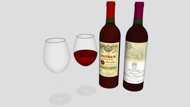 2瓶葡萄酒和2杯酒杯SU模型下载_sketchup草图大师SKP模型