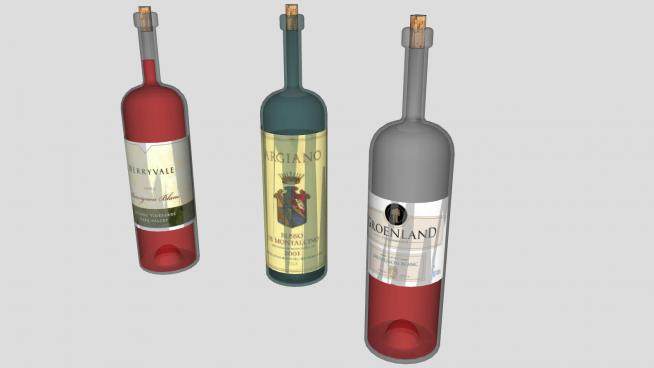 3款葡萄酒酒瓶标签瓶塞SU模型下载_sketchup草图大师SKP模型
